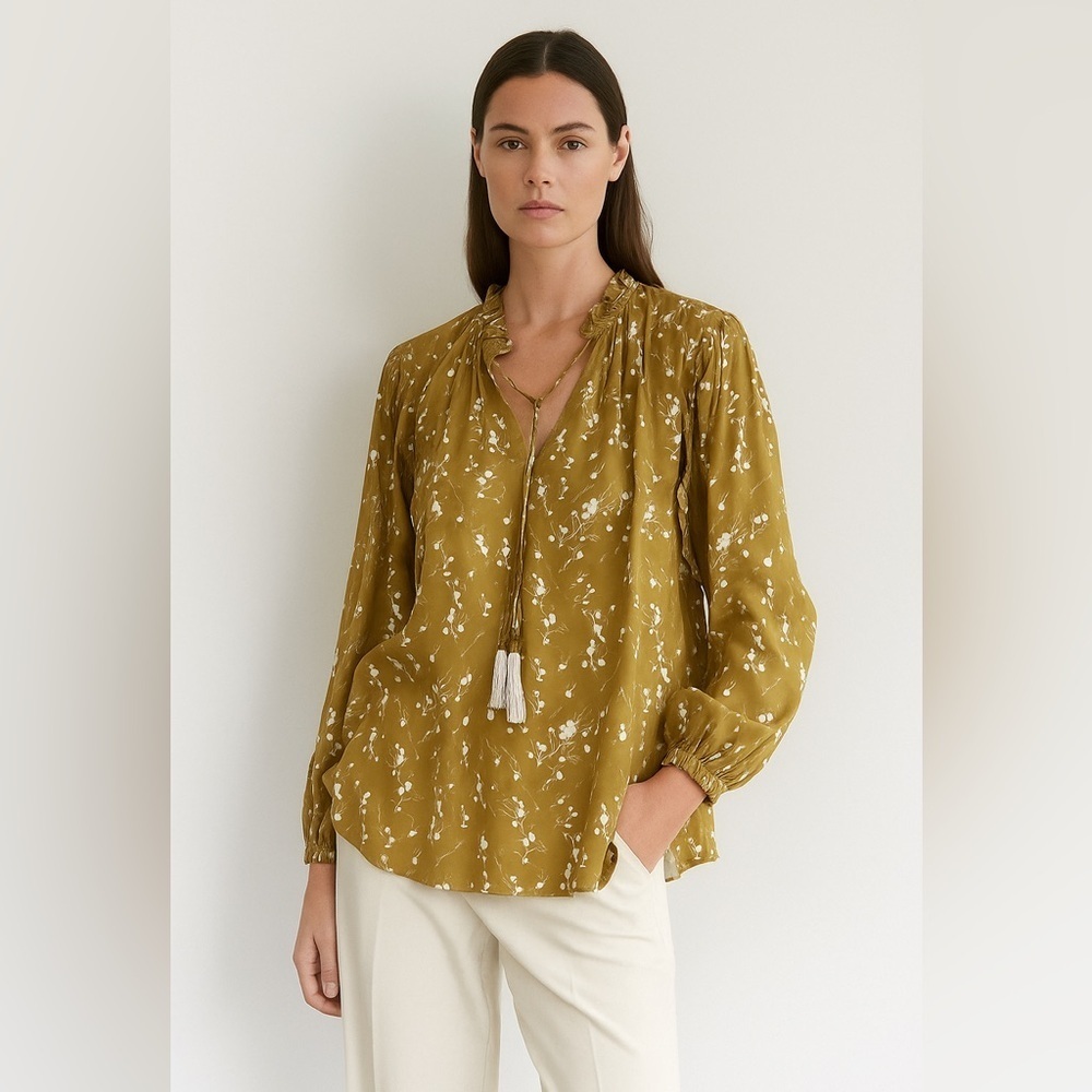 DOLAN | Anthropologie | Floral Silk Long Sleeve Ruffle Blouse Boho Cottagecore